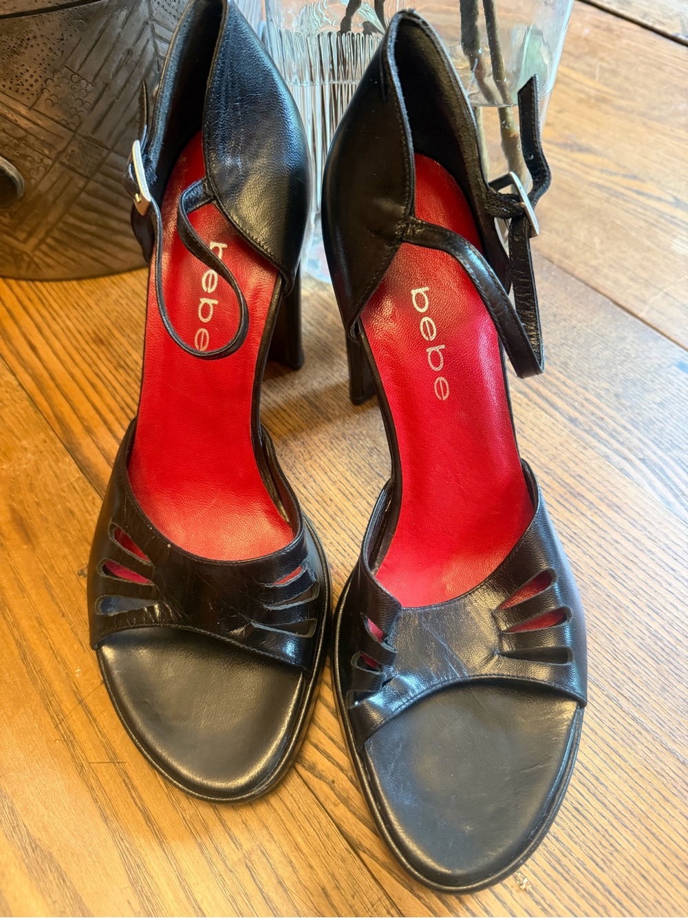 bebe Black Peep Toe Platform Pumps with Red Lining - Picture 2 of 6